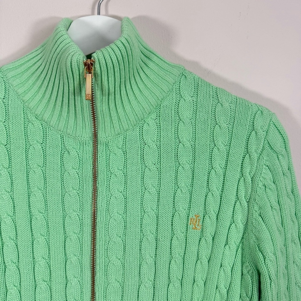NWOT Lauren Ralph Lauren Y2K Women’s Green Cable Knit Sweater Full Zip M - Picture 2 of 10